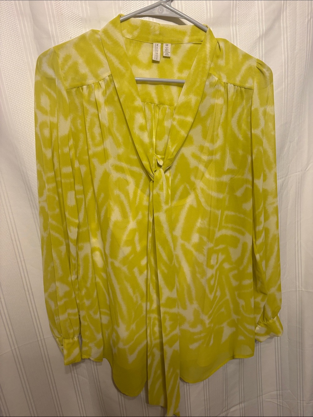 Madison Yellow and White Tie-Neck Blouse